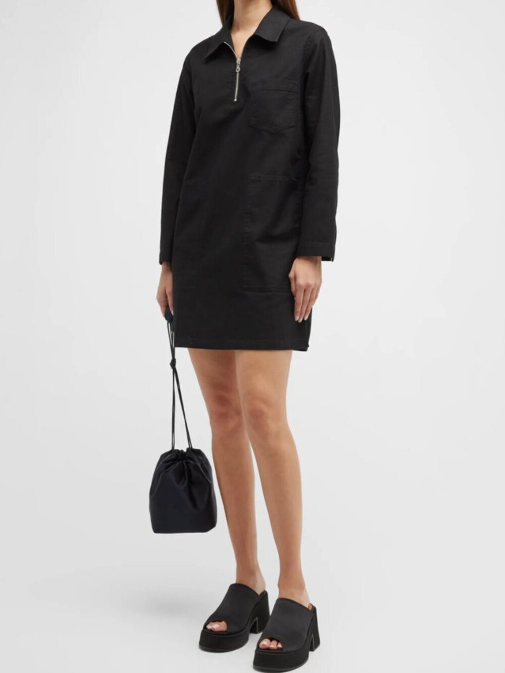 A.P.C. Lauren Black Cotton Utility Half Zip Shift Dress Size 36 S
